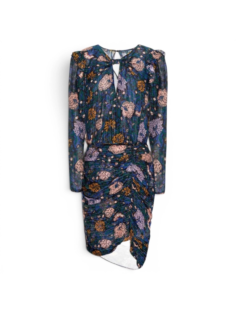 Veronica Beard Navy Floral Long-Sleeve Ruched Keyhole Dress